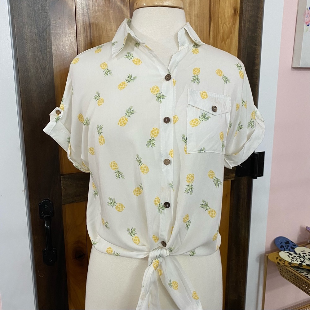 S - Pineapple Print White Button Up, Tie Front Top